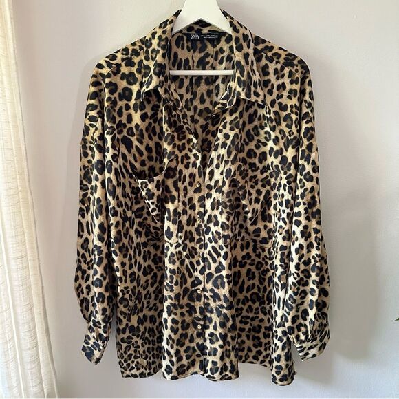 Zara Animal Printed Leopard Oversized Blouse Button Down Shirt Collar - Picture 2 of 7